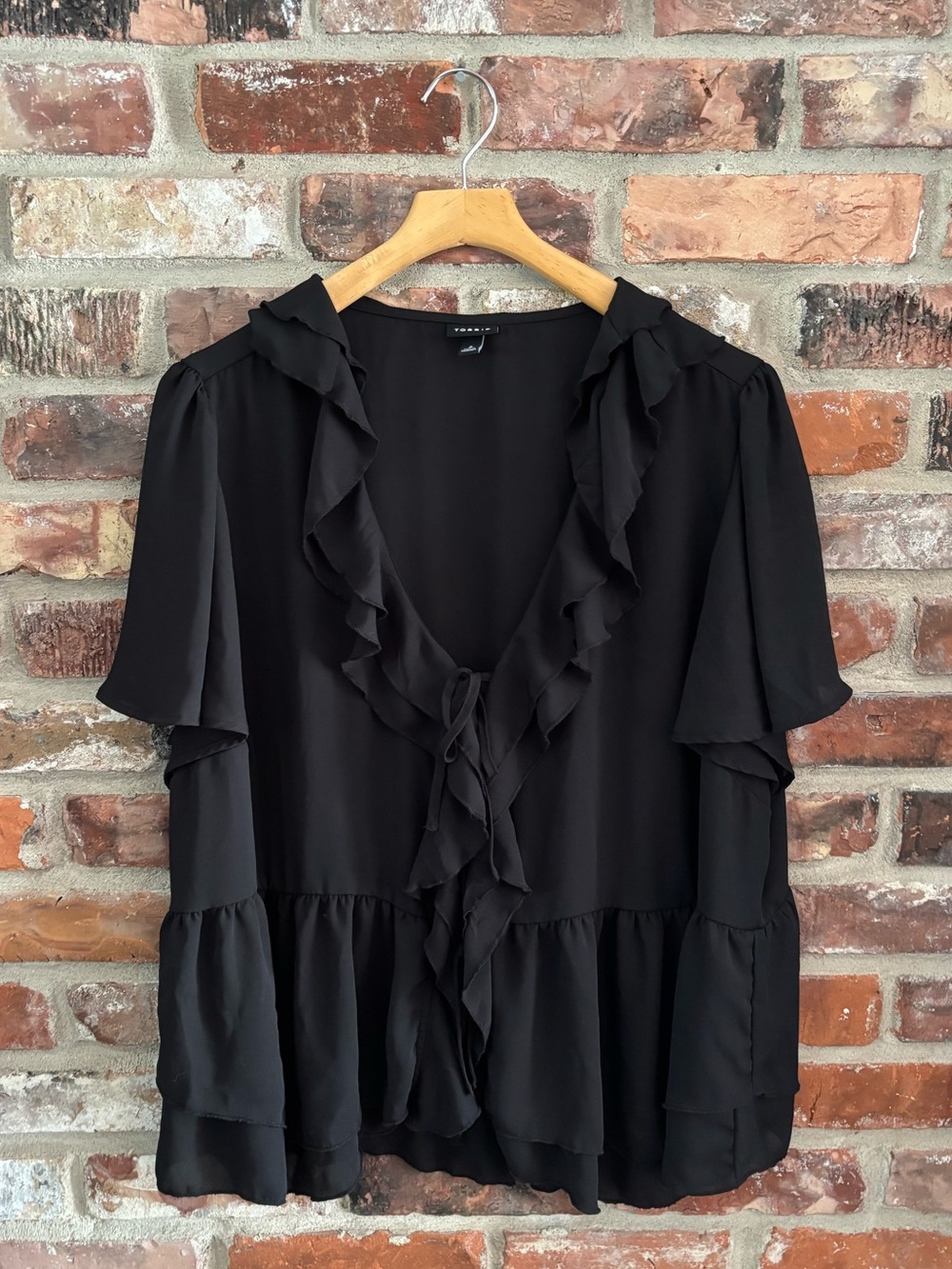 Torrid Black Double Ruffle V Neck Shirt Blouse Top